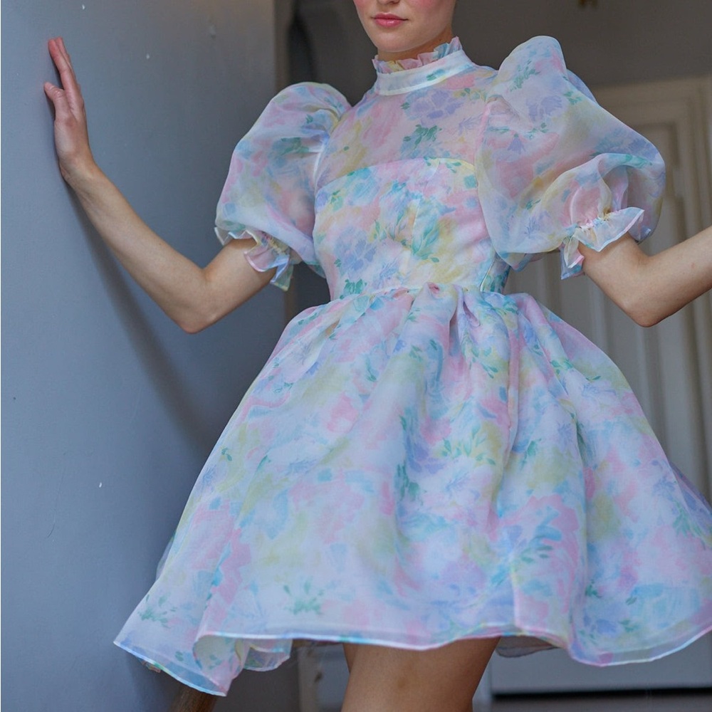 Selkie Sweetcorn Royal Puff Mini Dress Size Small Pastel Rainbow Puff Sleeve